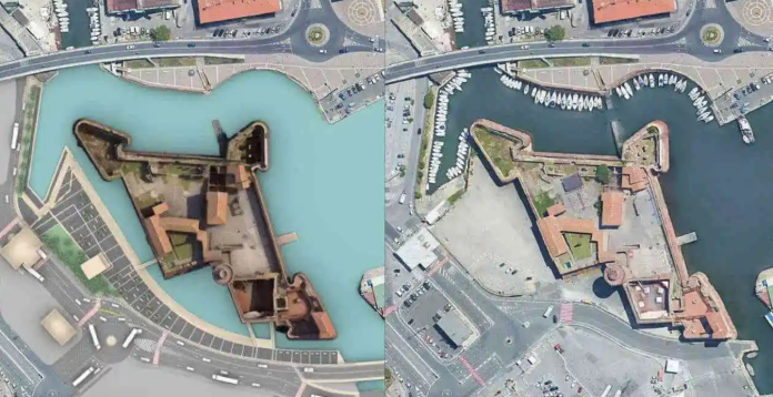 Rendering del progetto per l’acquaticità della Fortezza Vecchia. Immagine: Porto Immobiliare srl e Google Earth